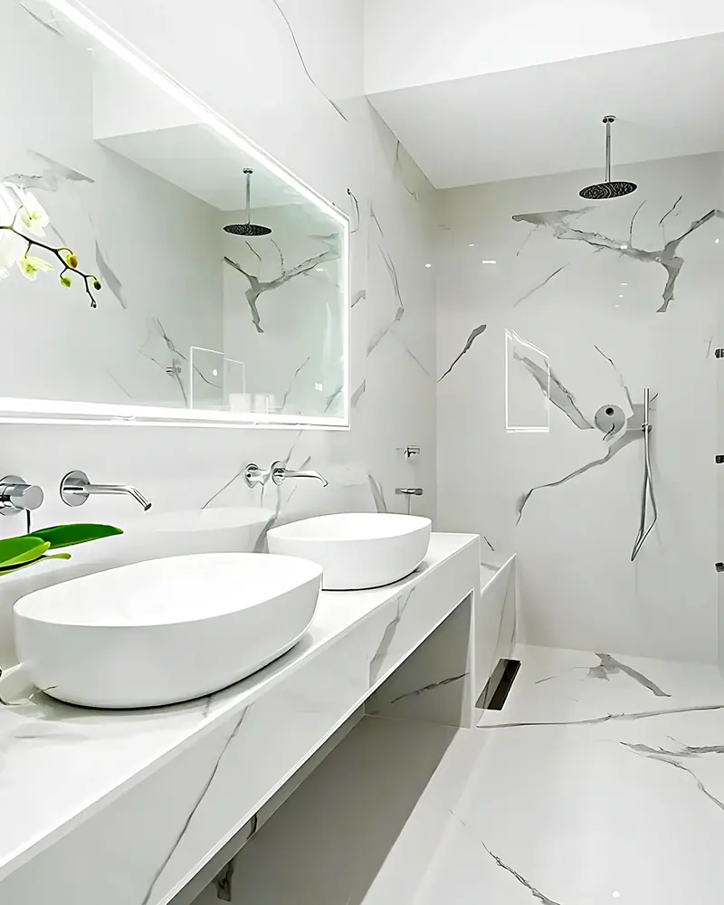Baño alargado en mármol blanco con doble lavabo y ducha al fondo