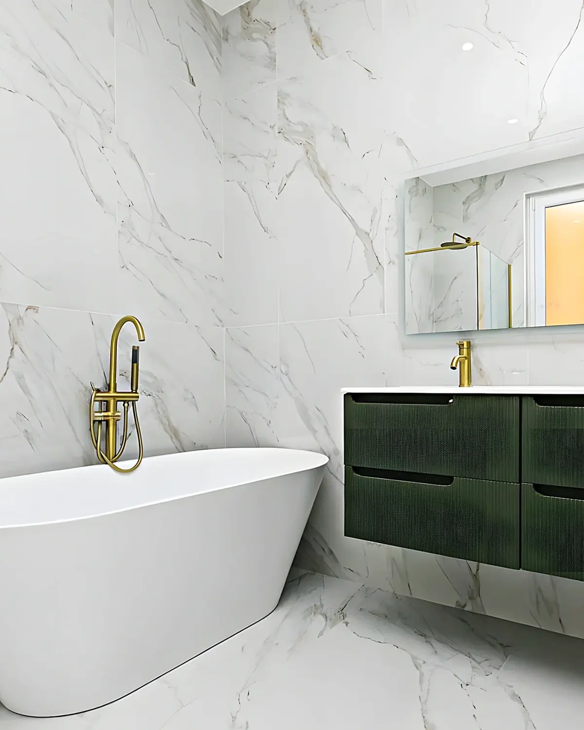 Baño en porcelánico efecto mármol con bañera exenta y grifería de suelo