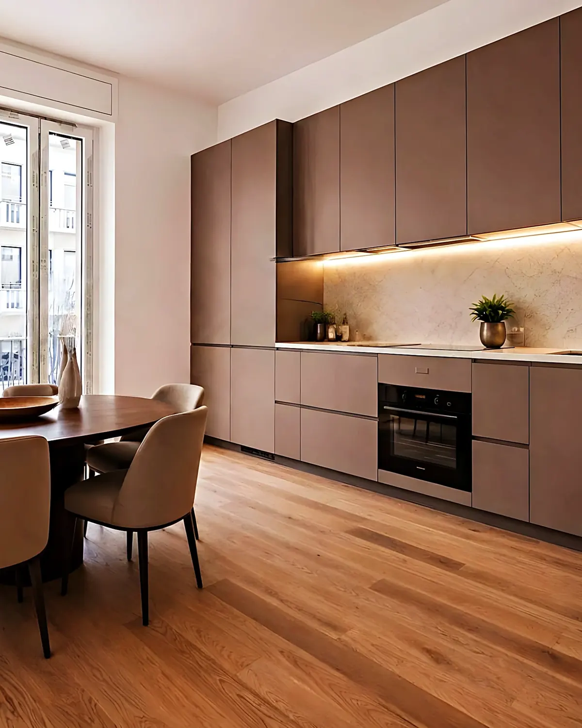 Cocina de frentes mate en tono topo con la mesa de comedor en el mismo espacio